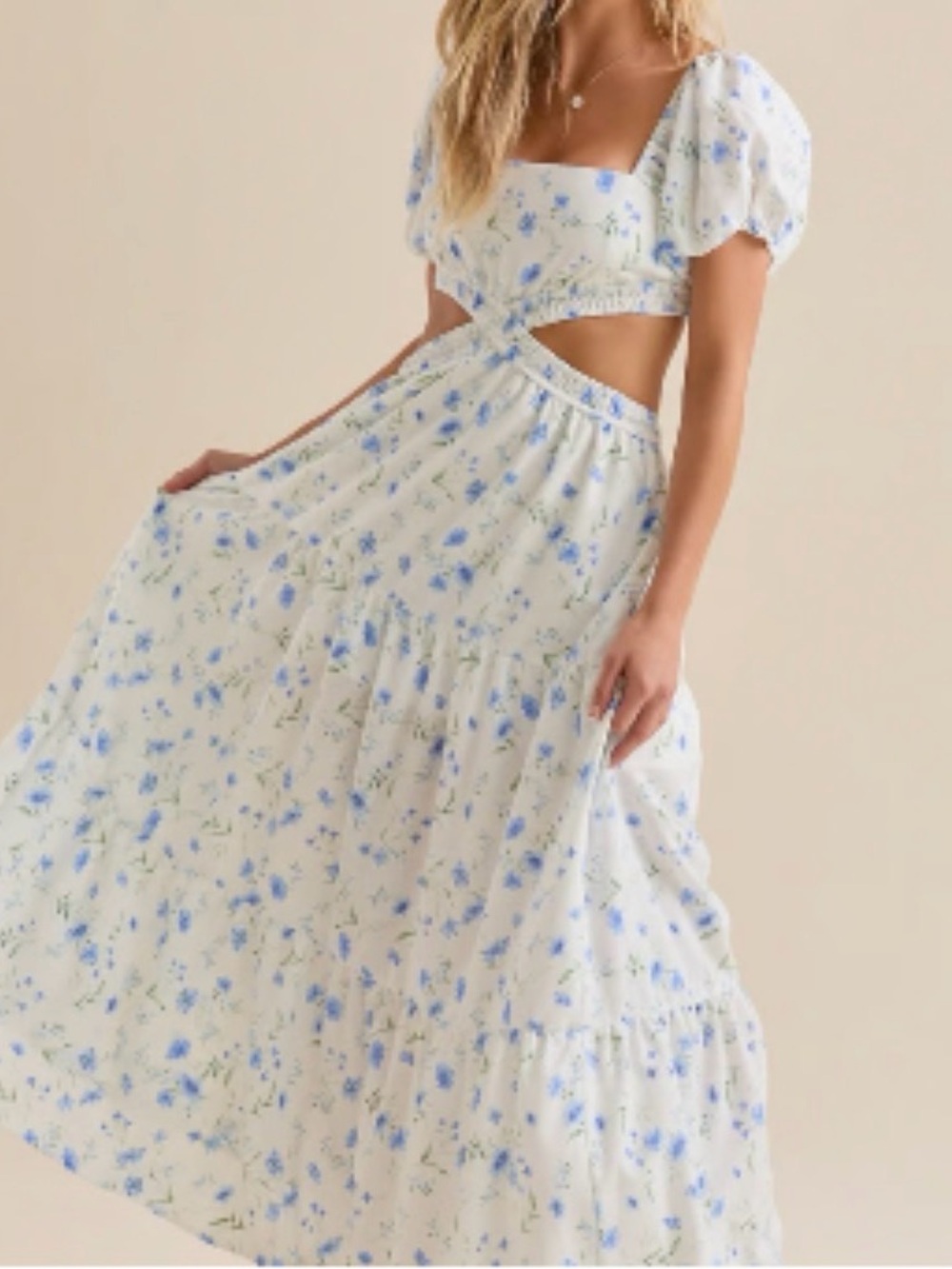 Arula/Altar’d State Arina White Maxi Dress with Blue Floral Print